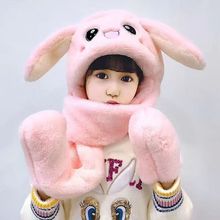 抖音玉桂狗帽子兔耳朵会动儿童帽子围脖一体秋冬围巾毛绒护耳帽厚