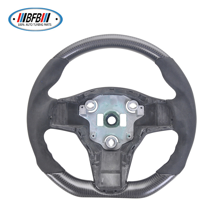 100% Real Carbon Fiber Matte Black Steering Wheel with Black Suede and Black Stitching - For Tesla Model Y - Steering Wheel Modification