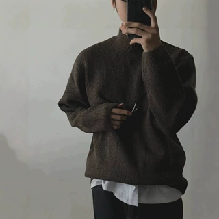 咖色包芯纱针织衫男半高领修身长袖卫衣薄款透气软糯内搭打底衫潮