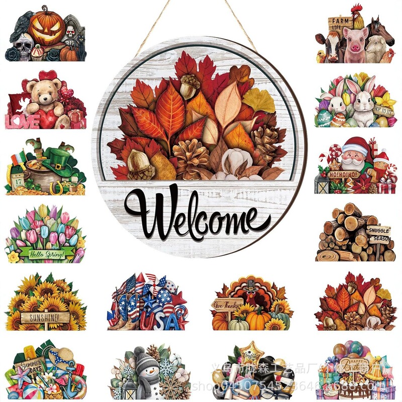 17Pcs Welcome Door Signs Interchangeable Front Door Decor Rustic Fall Seasonal Hanging Signs Halloween Christmas
