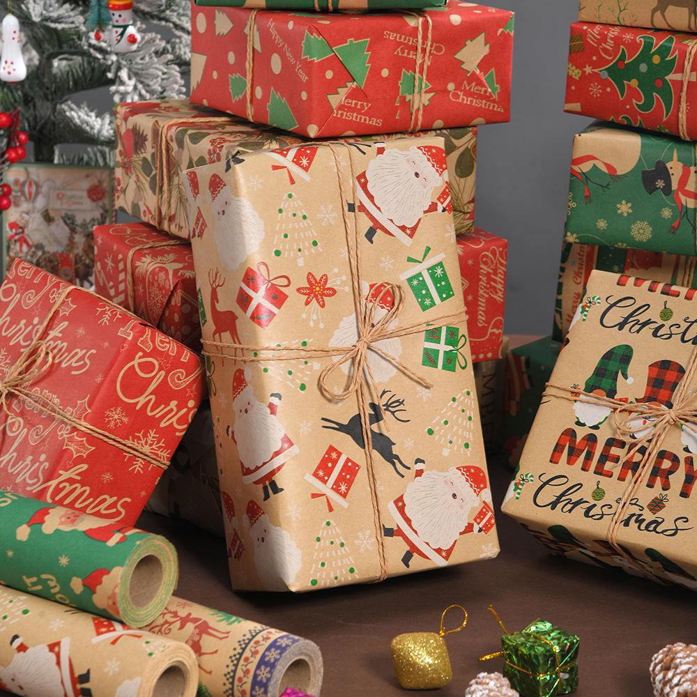 Venta caliente transfronteriza, rollo de gran tamaño, papel de regalo de Navidad, papel kraft retro, papel de regalo de Navidad, papel de regalo