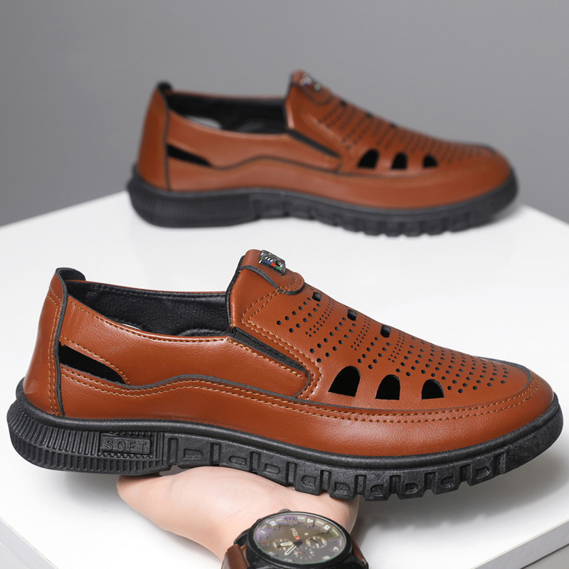 Estilo caliente 2025 primavera y verano sandalias de hombre, fondo suave transpirable, sandalias de cuero huecas antideslizantes para padres de mediana edad y ancianos