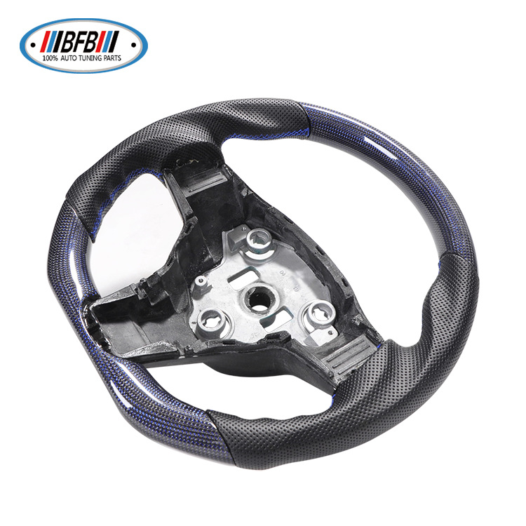 100% Real Carbon Fiber Forged Steering Wheel with Black Perforated Leather and Blue Stitching - For Tesla Model Y - Modification