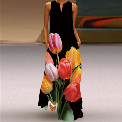 2024 New Summer Women's Tank Top V-Neck Printed Sexy Maxi Dress Long Dress European and American Cross-Border Trade Women's Clothing
