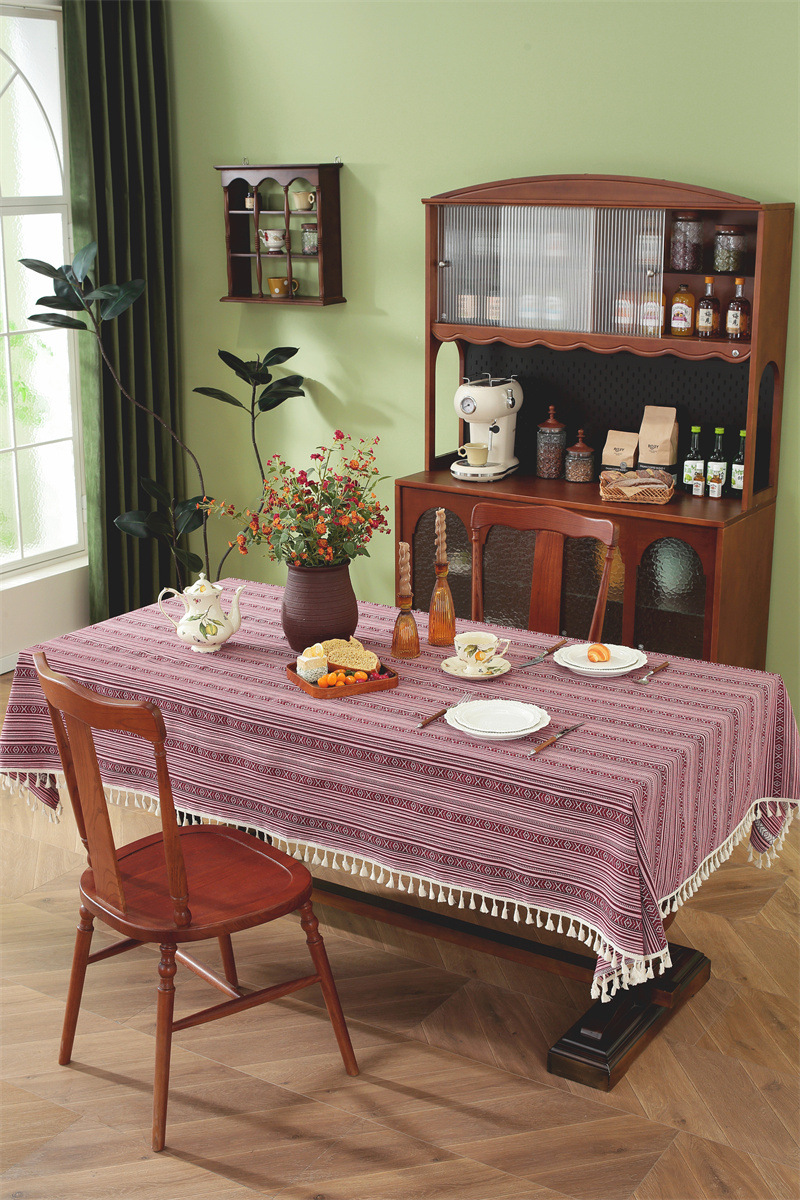 Nappe En Jacquard Style Ethnique Américain Avec Franges Et Dentelle_voghion.com