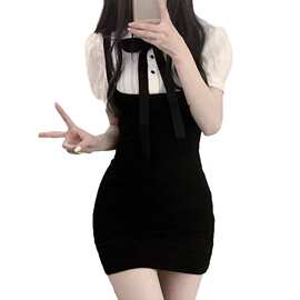 少女风夏季新款女装甜纯网红可拆蝴蝶结假两件黑白拼接连衣裙子潮