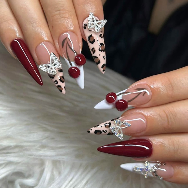 Cross-Border Popular European and American Square Leopard Print Manicure Red French Cherry Handmade Press-On Fake Nails Cross-Border Popular European and American Square Leopard Print Manicure Red French Cherry Handmade Press-On Fake Nails