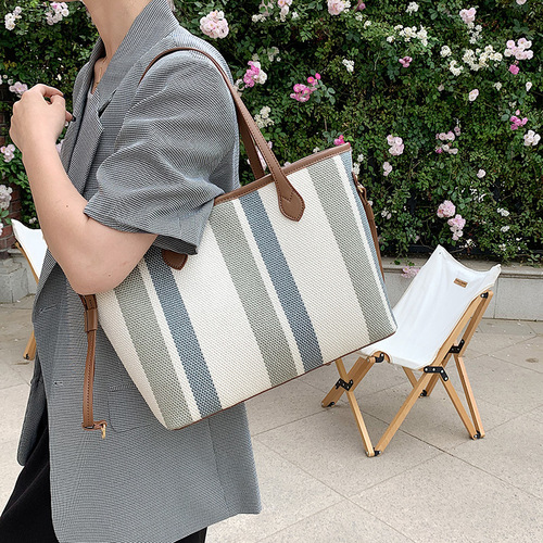 2024 Commuting Crossbody University Student Laptop Bag for Women Casual Simple Large Capacity Striped Canvas Handheld Tote Bag