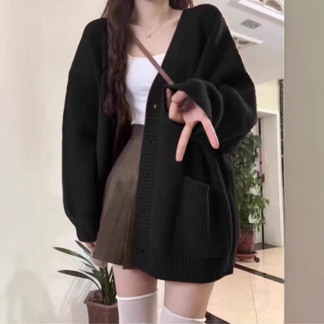 黑色毛衣外套女秋冬2025新款宽松外穿日系慵懒风复古软糯针织开衫