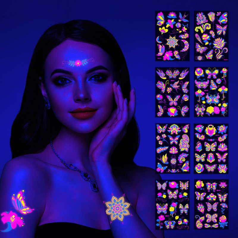 European and American Hot Sale Fluorescent Butterfly Face Tattoo Sticker Club Bar Sticker Flower Arm Waterproof Environmental Protection Tattoo Sticker