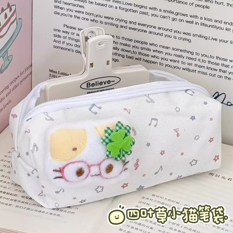 四叶草呆萌猫咪笔袋可爱高颜值印花文具袋大容量学生桌面收纳袋|undefined
