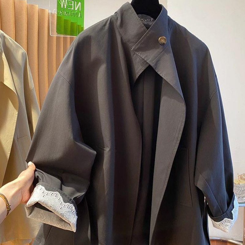 French Retro Style Mid-Length Windbreaker Short Jacket Women's Spring and Summer New Loose Waist Stand-Up Collar Top