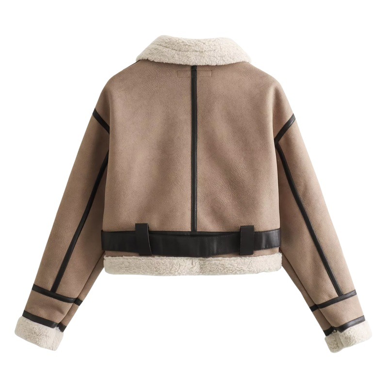 Chaqueta corta de doble cara para mujer, colección otoño 2024, estilo europeo/americano transfronterizo, con solapa de piel integrada, gruesa y abrigada.