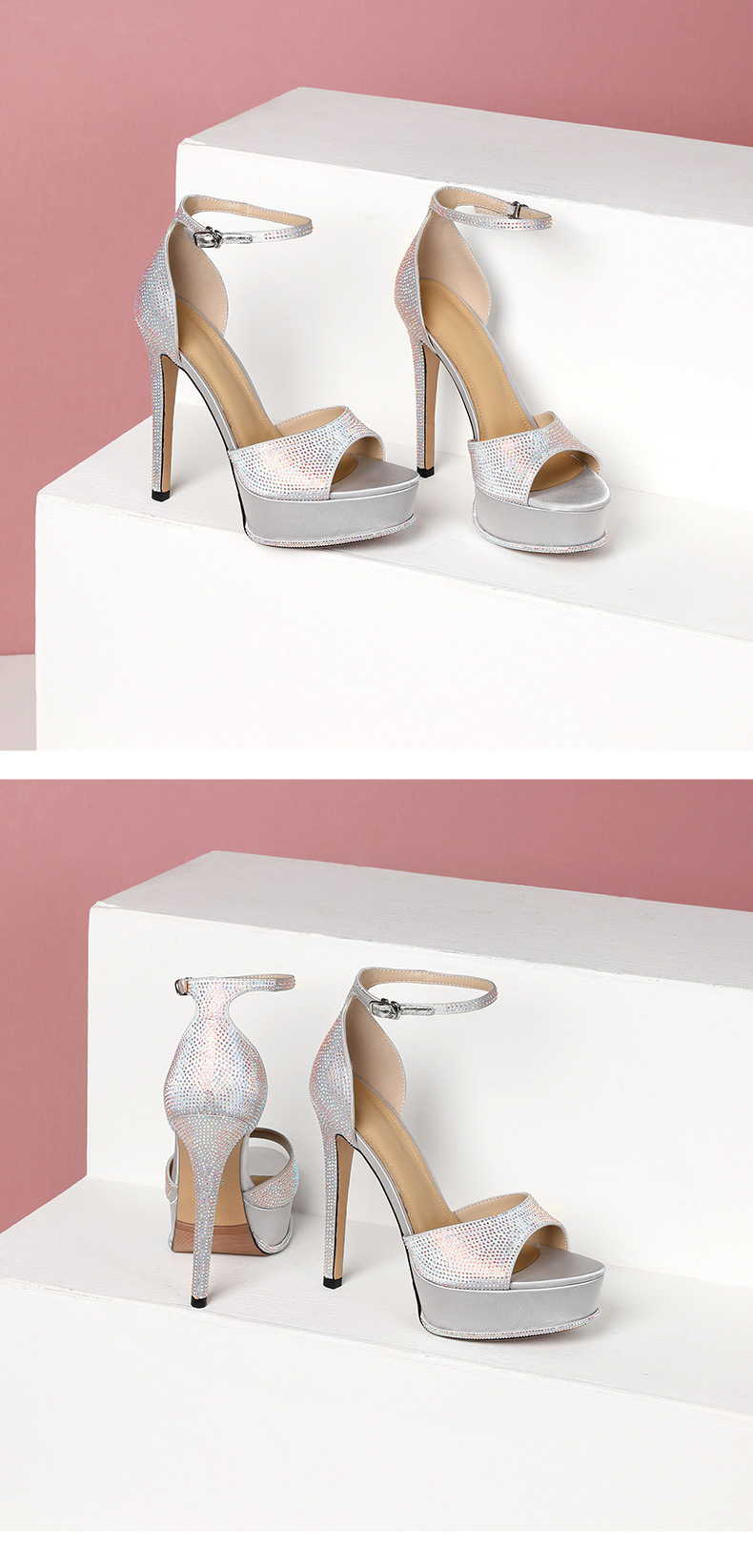 Sandal cao gót nữ da thật một dây đính đá, mũi nhọn hở mũi, gót 10 cm — Màu tím (Chiều cao gót 10 cm) chi tiết 8