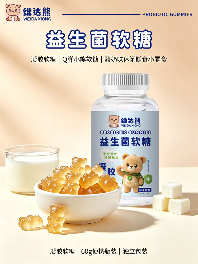 Probiotic Gummy Bears (Lactobacillus Blend) — Yogurt-Flavored Gel Candy, 60g Bottle key features