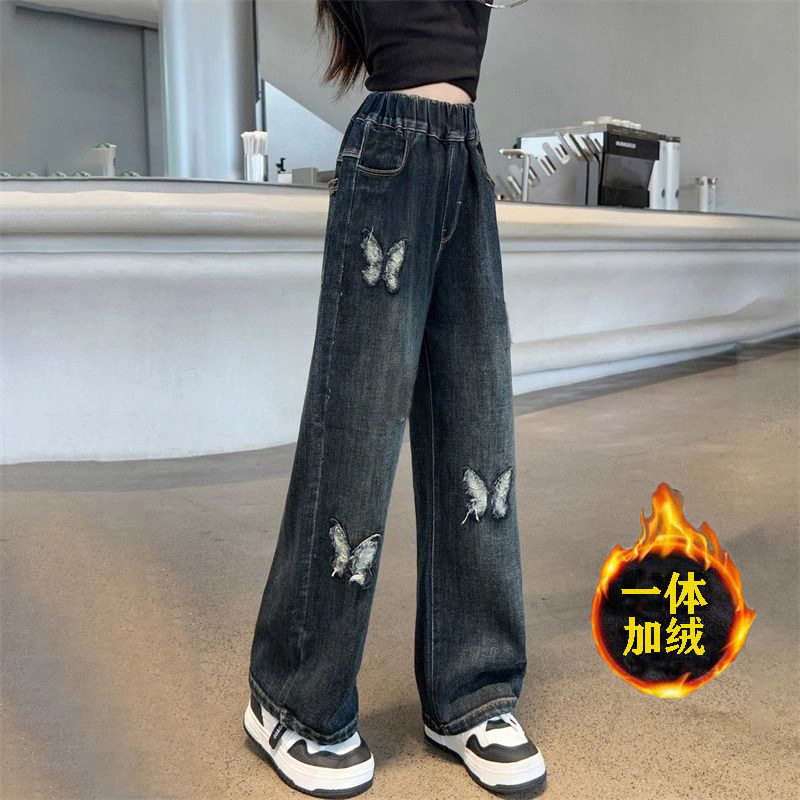 Girls' Fleece-Lined Denim Wide-Leg Pants 2025 New High-Waisted Loose Winter Korean Versatile Long Pants Girls' Fleece-Lined Denim Wide-Leg Pants 2025 New High-Waisted Loose Winter Korean Versatile Long Pants