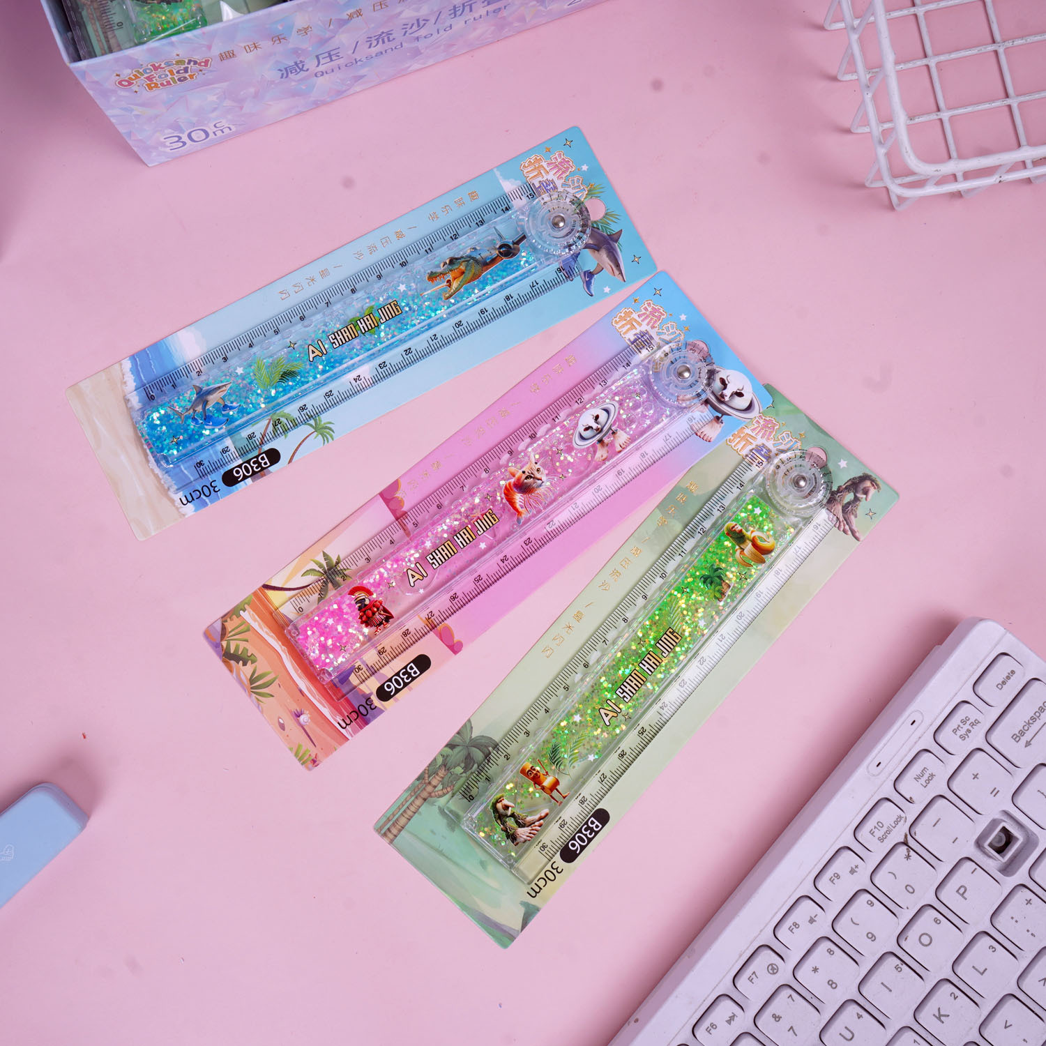 Valor facial alto 30cm alargado regla de arena flotante plegable con líneas onduladas lindas para estudiantes especiales de dibujos animados regla recta