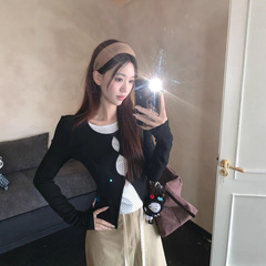 韩系设计感镂空假两件T恤女2025早秋季新款修身显瘦波点长袖上衣