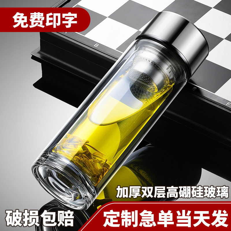 High Temperature Resistant Double-Layer Glass Cup with Logo Printed on It, Transparent High Borosilicate Insulated Tea Cup, Gift Water Cup, Advertising Cup with Printed Text