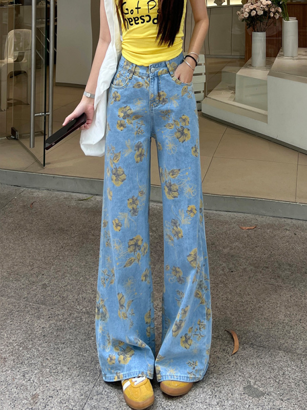 黄碎花扎染牛仔裤女2025秋季超火网红爆款洋气浪漫印花直筒阔腿裤|undefined