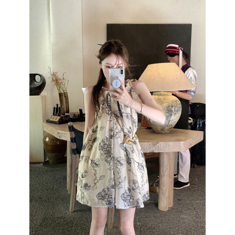 甜美法式温柔系吊带碎花连衣裙女夏季新款宽松慵懒显瘦蓬蓬针织衫|undefined