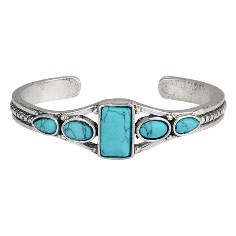 Europeo y americano bohemio retro turquesa abierto Ajustable pulsera tallada hueco forma geométrica pulsera