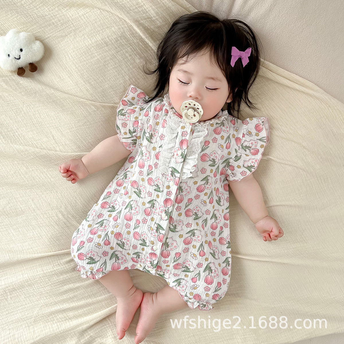 Baby Clothes Summer Crawling Clothes Newborn Full Moon Hundred Days Sweet Baggy Clothes for Baby Girls Flying Sleeves Thin Style Z1118