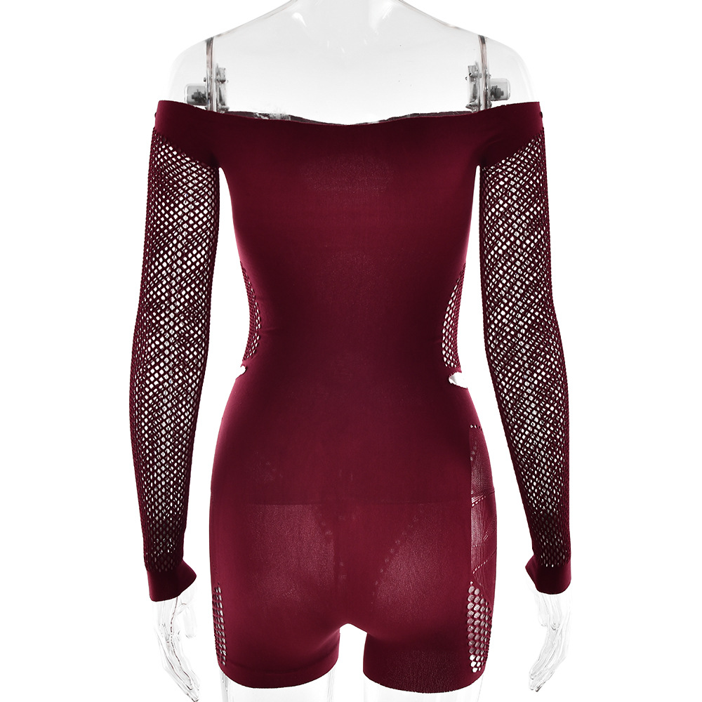 Sexy Women Tights Slim Hollow Out Cutout off Shoulder Long Sleeve Jumpsuit