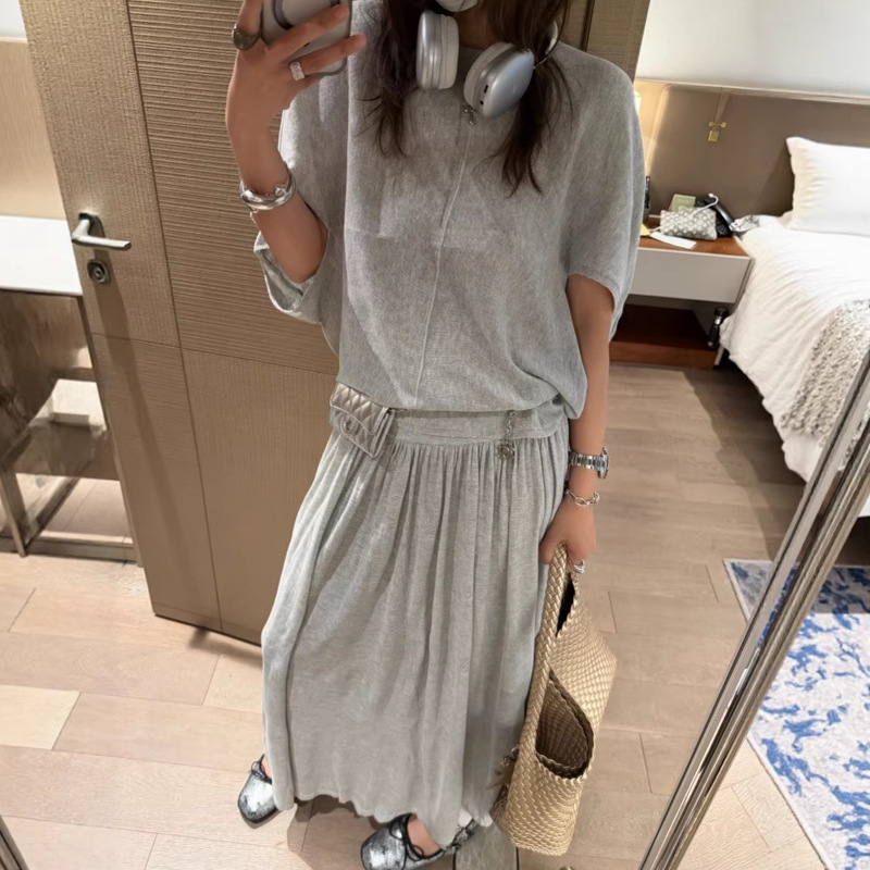 Relaxed and Comfortable Casual Set: Batwing Sleeve Linen Knit Sun Protection Cover-Up + Elastic Waist Draped Long Skirt Two-Piece Set Relaxed and Comfortable Casual Set: Batwing Sleeve Linen Knit Sun Protection Cover-Up + Elastic Waist Draped Long Skirt Two-Piece Set
