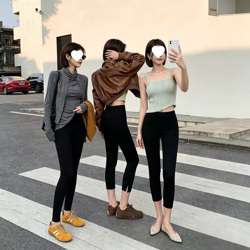 Capri pants, 7/8 length, women's slim-fit, side-slit, thin fleece-lined, black, casual pants, 2026 new style Capri pants, 7/8 length, women's slim-fit, side-slit, thin fleece-lined, black, casual pants, 2026 new style