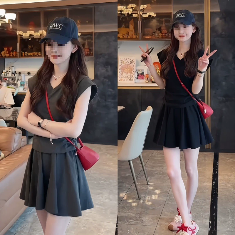 夏日穿搭套装休闲洋气时尚减龄V领上衣短裙两件套裙装韩系高级感