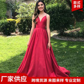 新款红色礼服性感V领无袖露背中长裙礼服婚礼礼服敬酒服晚会晚装