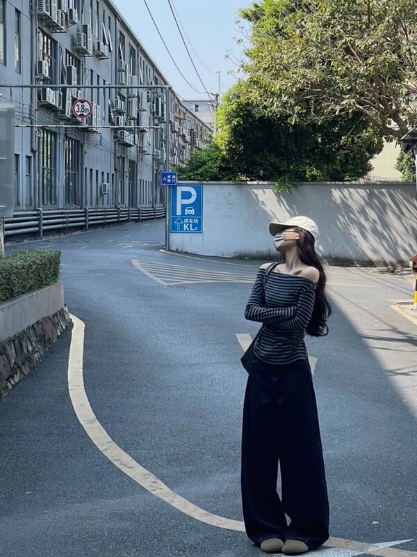 韩式慵懒一字肩条纹款长袖t恤女夏季松弛感修身wintage风斜肩上衣|undefined