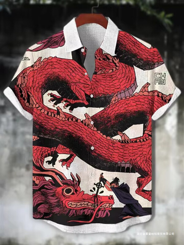 New Men's 3D Warrior Cat Print Linen Short-Sleeve Shirt, Casual Fashion Retro Collar Short-Sleeve Shirt, in Stock