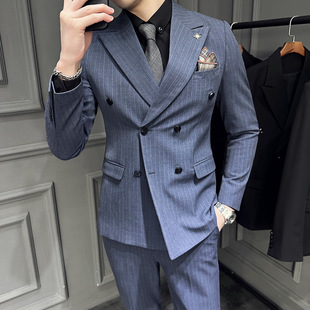 Foreign Trade Men's Casual Suit Three-Piece Suit with Lapel Collar Double-Breasted Korean Style Striped Groom's Suit Men's Suit