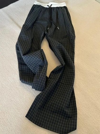 Summer Treasure Plaid Divine Pants Loose Wide Leg Casual Pants Women's Elasticated Waist Drawstring Straight Walking Pants Women's Trousers