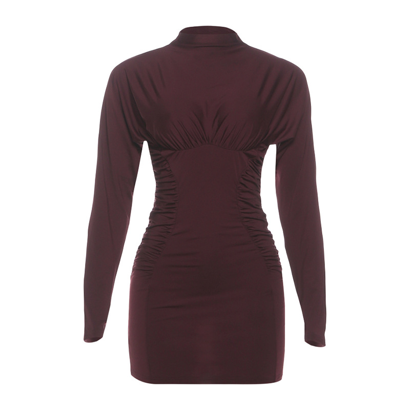 Fashionable Long Sleeve Bodycon Dress Solid Color Ruffled Design Round Neck Autumn Winter Wear Wholesale Available