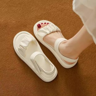 Genuine Leather Flat Sandals Women's 2025 Summer New Style Outer Wear Casual Velcro with Skirt French Style One-word Strap Roman Shoes