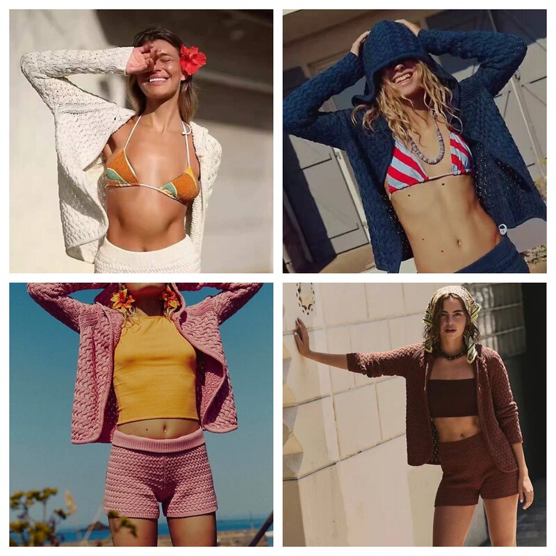 Free people European and American summer beach solid color atmospheric sexy knitted casual lazy hooded set