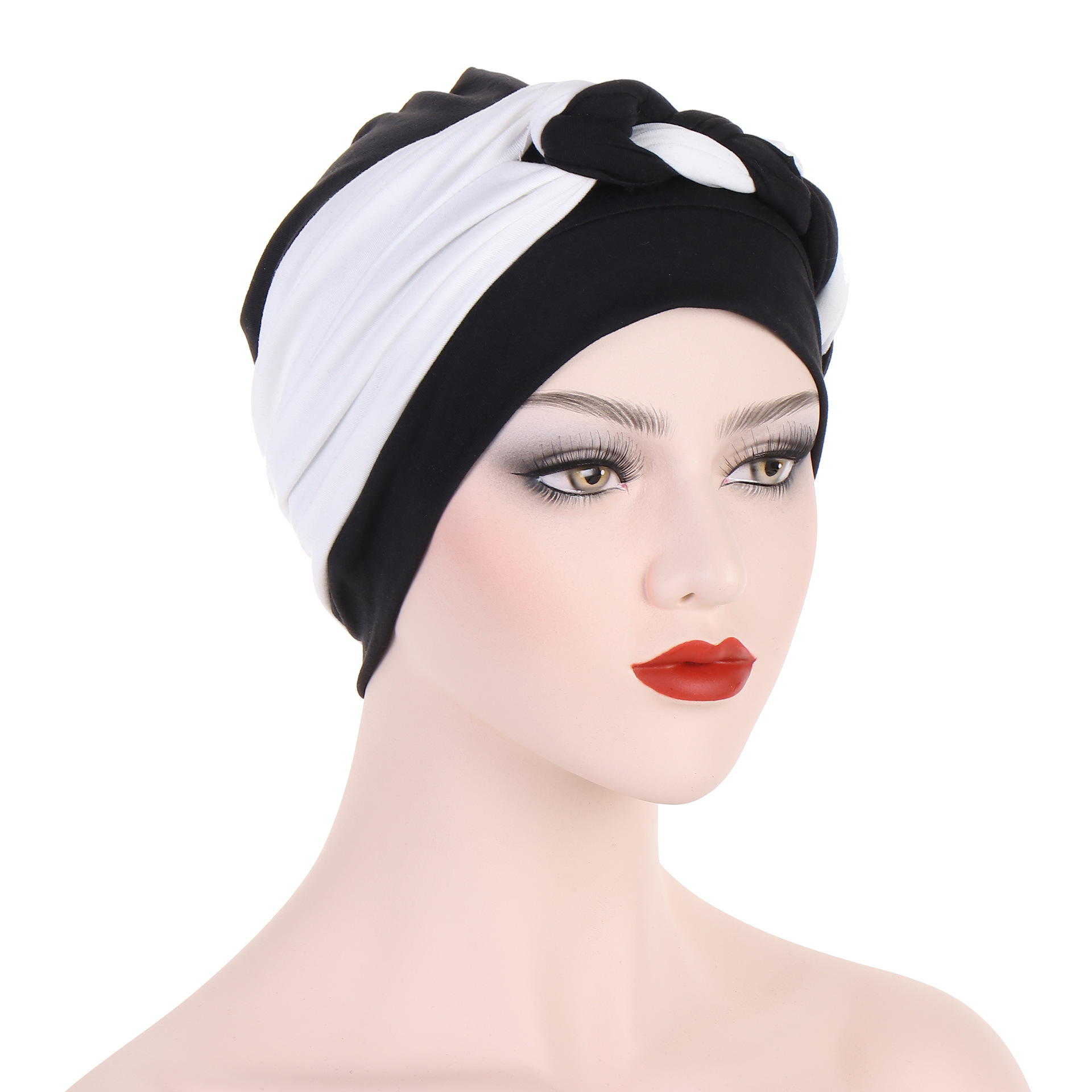 new color-blocked side braid soft turban cap Muslim chemotherapy cap cross-border pullover cap Baotou cap_voghion.com