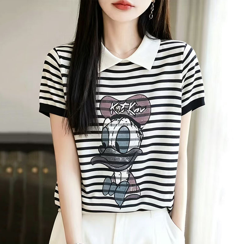 French-Style Contrasting Color Donald Duck Embroidered Ice Silk Knitwear Women's Polo Collar High-End Loose Short-Sleeved T-Shirt Top