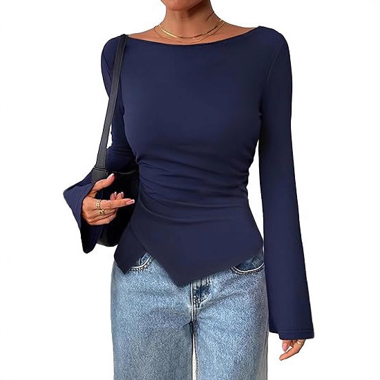 2026 Women's Long-Sleeve Boat Neck Bell-Sleeve Pleated Asymmetrical Top, Women's Autumn Fashion Slim-Fit Outing Top 2026 Women's Long-Sleeve Boat Neck Bell-Sleeve Pleated Asymmetrical Top, Women's Autumn Fashion Slim-Fit Outing Top