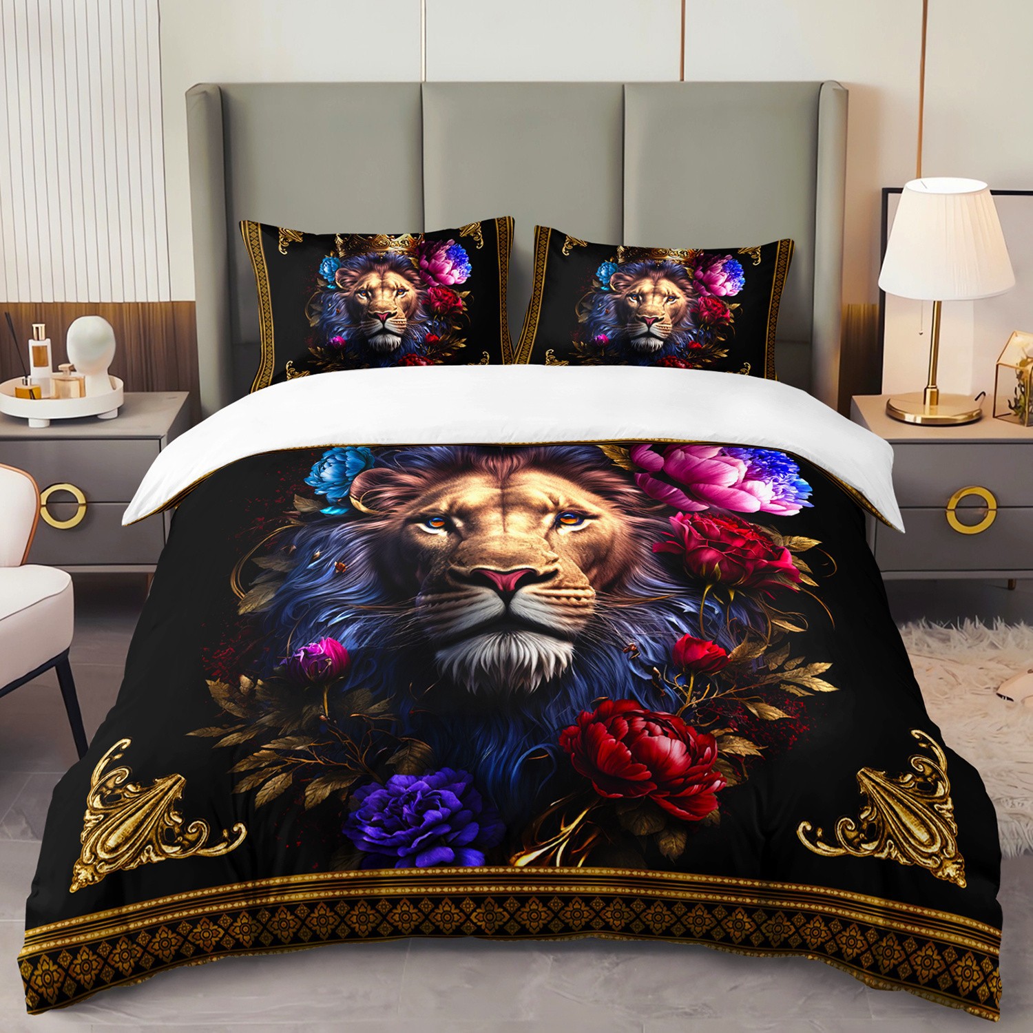 TEMU / JIT textil doméstico molido impresión digital ropa de cama kit león patrón creativo fuente fábrica