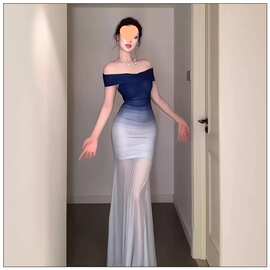 御姐绝美气质一字肩蓝色晚礼服裙女高级感渐变色网纱包臀鱼尾裙子