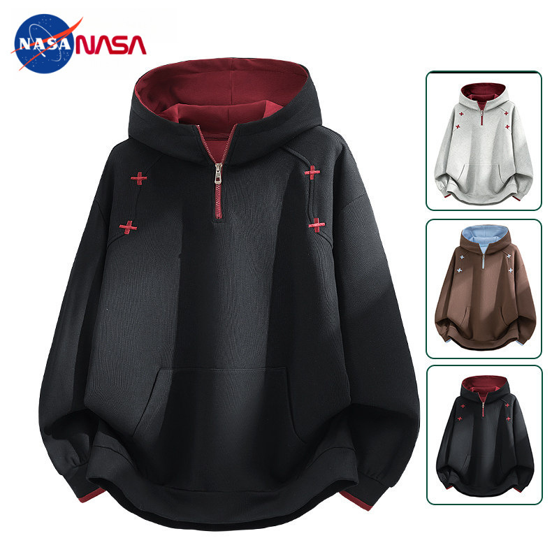 NASA Wearable 145kg Outdoor Sports Color-Block Embroidered Hooded Half-Zip Loose Versatile Couple Sweatshirt NASA Wearable 145kg Outdoor Sports Color-Block Embroidered Hooded Half-Zip Loose Versatile Couple Sweatshirt