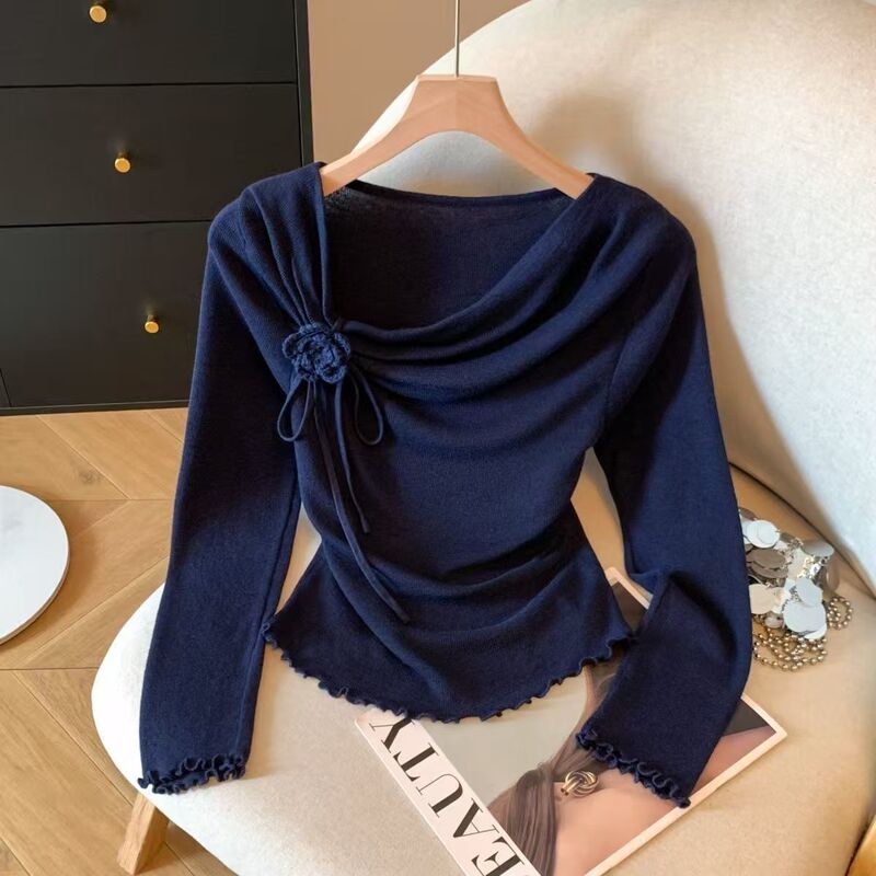 Pure Desire Hot Girl Derong Three-Dimensional Flower Long Sleeve Bottoming Shirt Women's Autumn and Winter 2025 New Fashion Pleated Slim Top Pure Desire Hot Girl Derong Three-Dimensional Flower Long Sleeve Bottoming Shirt Women's Autumn and Winter 2025 New Fashion Pleated Slim Top