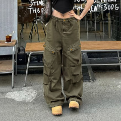 美式高街嘻哈阔腿牛仔工装裤女新款复古宽松大口袋褶皱直筒拖地裤