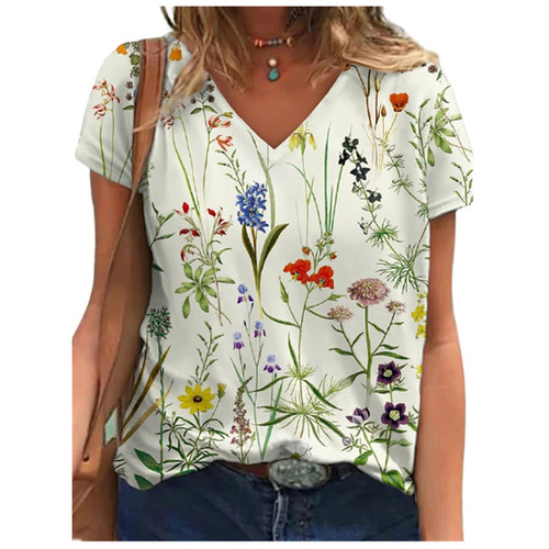 Summer eBay 3D digital printing V-neck women's loose fit women's T-shirt European and American milk silk