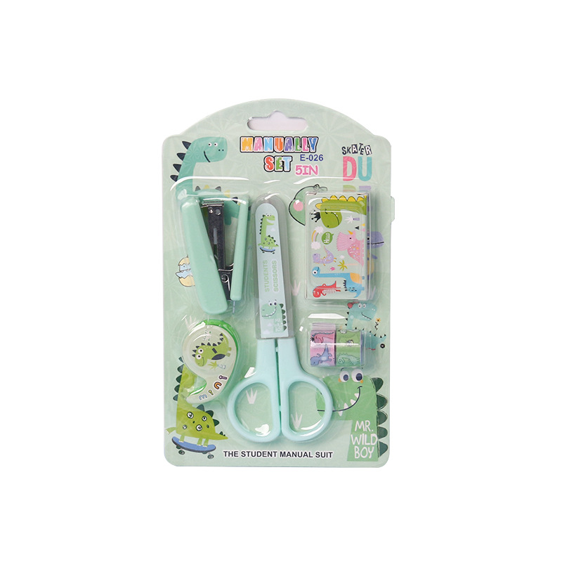 Set de grapadora de dibujos animados con tijeras y portacinta, colores pastel