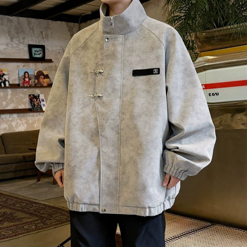 Airplane buckle PU leather jacket for men, spring, plus size, for trendy and overweight individuals, loose fit, unisex style, cool and stylish leather jacket